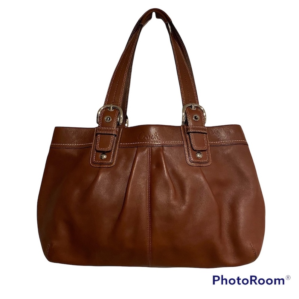 Coach Double Handle Cognac Brown Leather Shoulder Bag Size Extendable!